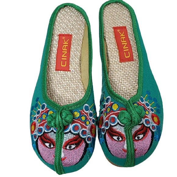 Backless Artistic Stitching Embroidered Owl Ethnic Slip-on Boho Flat Slippers - Picture 2 of 6